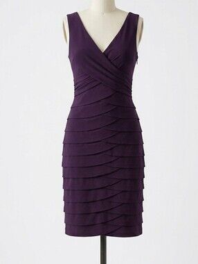 Deep Purple Sleeveless V-Neck Cocktail Dress Tiered Skirt, Wedding Guest| Size 8